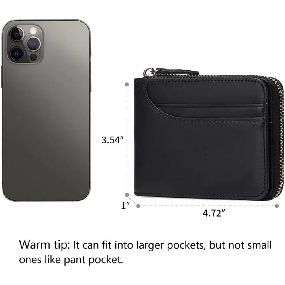 Men's A-Black Wallets Genuine Leather Front Around Zip Pocket Credit Card